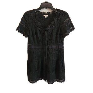 Hendi Black Lace and Crochet top Tunic Size Small Button Front
